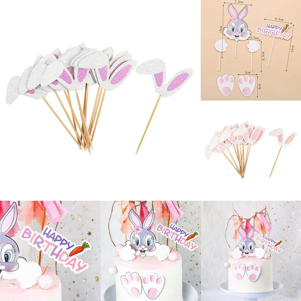 New Cute Bunny Toppers Rabbit Birthday Theme For Girl Boy Easter Party Decorations Cake Flags