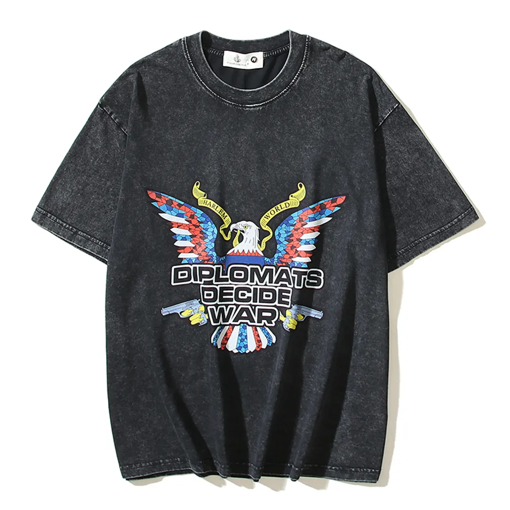 Colorful Wing Washed Cotton Hip Hop T-shirt Men Crew Neck Hipster Tshirts Short Sleeve Black