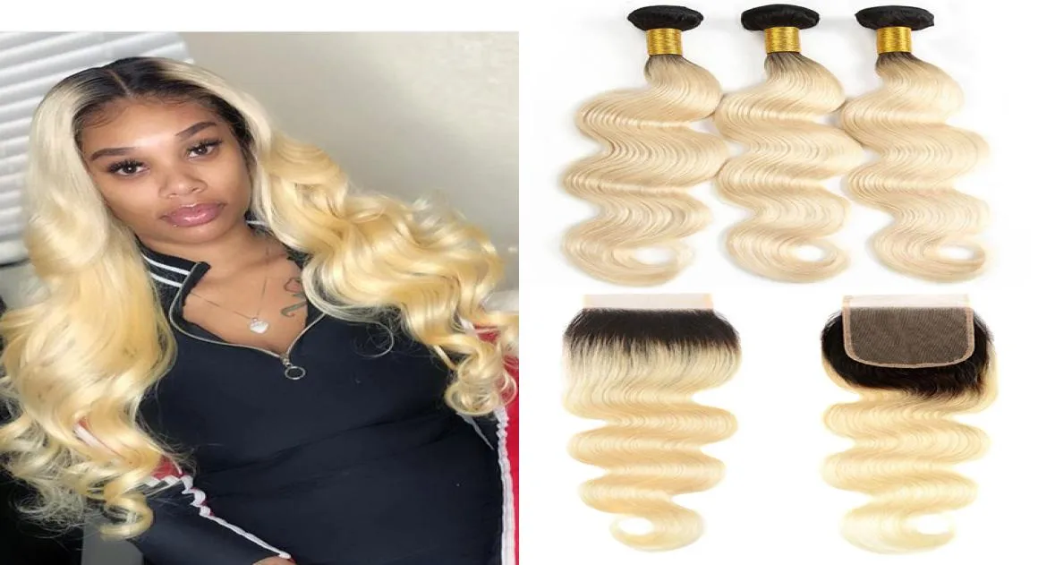 Braziliaanse 1B613 Body Wave Bundels van echt haar met sluiting 100 Onverwerkt maagdelijk haar 3 bundels met vetersluiting Blond haar Ex9502975