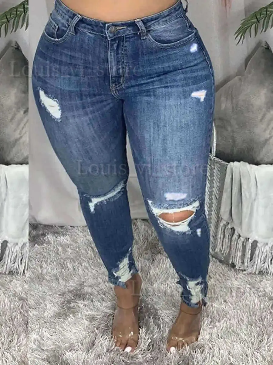 Women's Jeans LW Plus Size High-waisted Ripped Jeans Zipper Fly L-5XL Street Solid Color Holes Stretchy Sheath Skiny Women Fashion Pants T240228