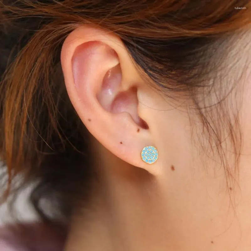 Stud Earrings 925 Sterling Silver Vermeil Round Dots Pave Nano Turquoises Stone Simple Fashion Minimal Gold Color Earring For Girl