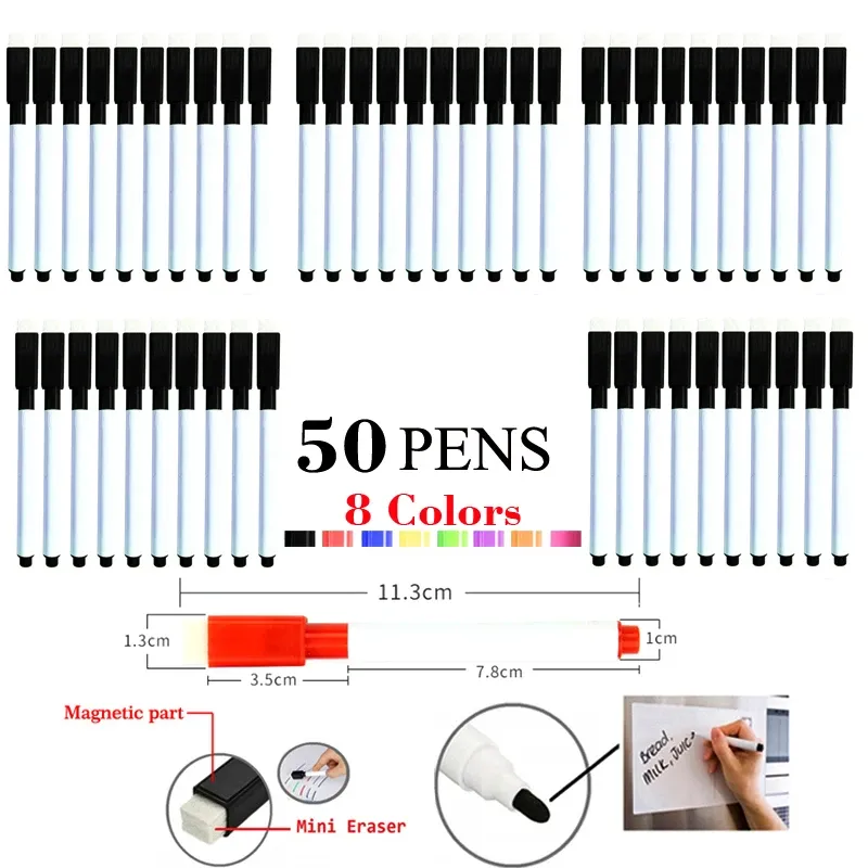 Markers 50 pennen/doos Waterkleur Whiteboard Markeerstiften Droog uitwisbare witte bordpen met gum Magnetische markers Schrijven met aquarelpen