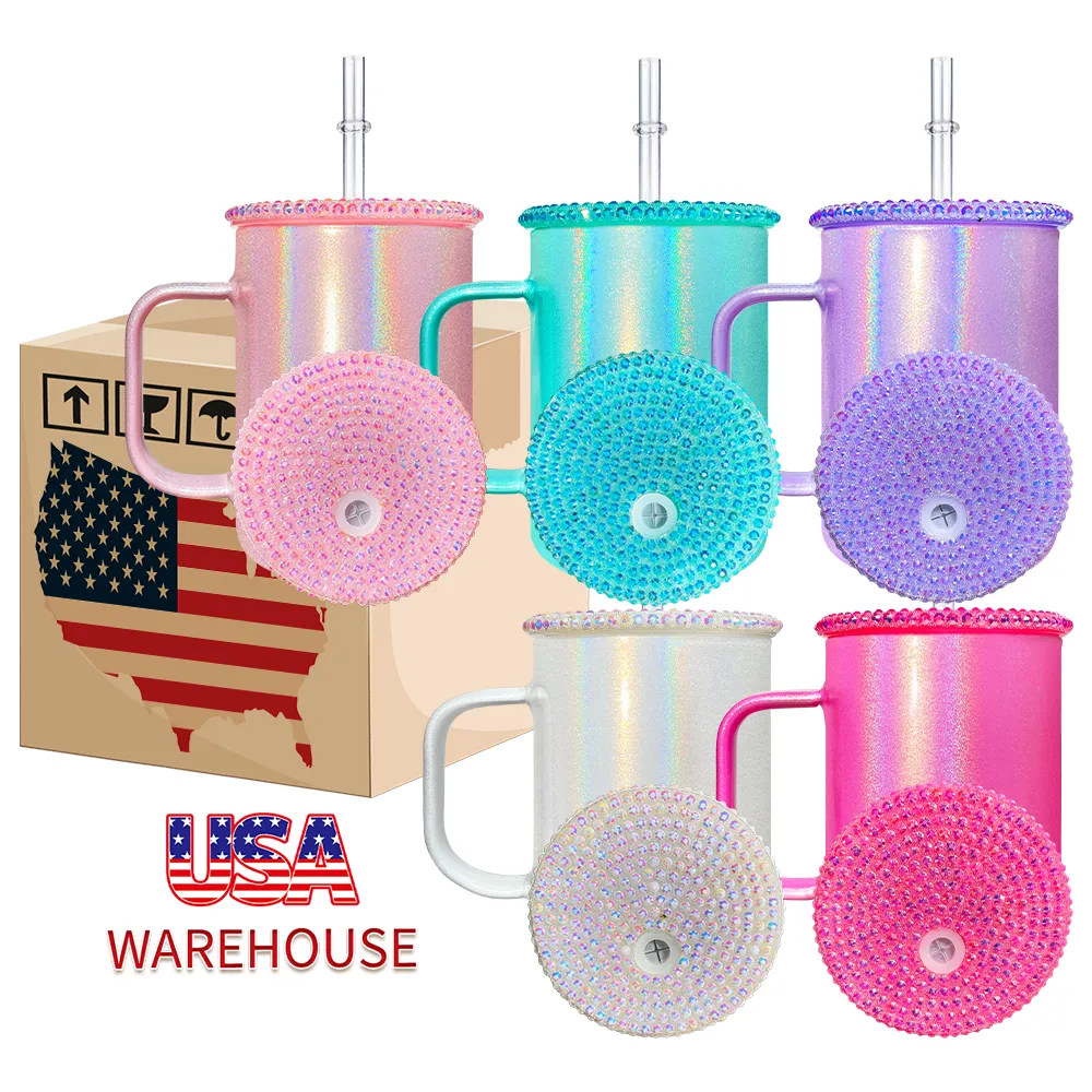 Wiederverwendbarer Schimmer 17oz Tasse Diamantdeckel High Borosilicat Camper Glass Coffee Travel Tassen mit Griff für Sublimation Drucken 25pcs/Gehäuse in USA Warehouse