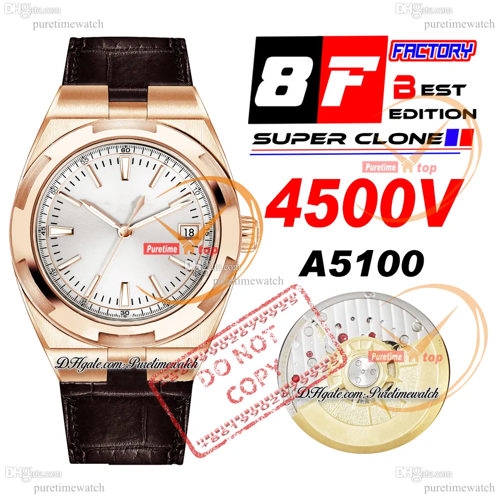 8F Overseas 4500V Ultra-Thin A5100 Self Winding Automatic Mens Watch 41mm Rose Gold Silver Stick Dial Brown Leather Super Edition Watches Puretimewatch Reloj Hombre