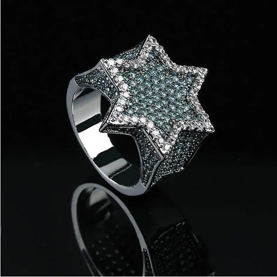 Super Star Ring Groene CZ Bling Ring Micro Pave Zirconia Gesimuleerde Diamanten Hiphop Ringen Maat #7-Size #112991