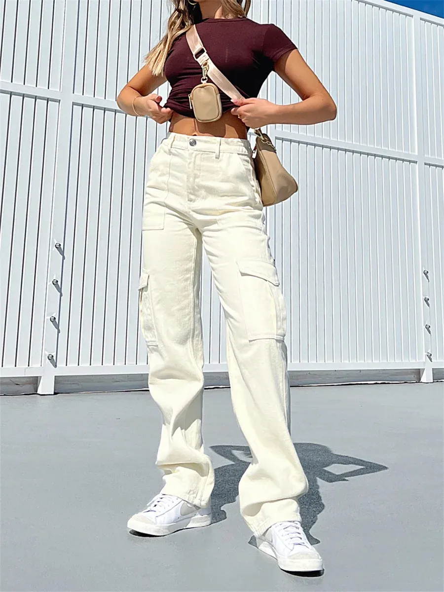 Capis moda kadın kot pantolonlar yüksek bel gevşek kargo vintage düz gevşek pantolon sokak kıyafetleri