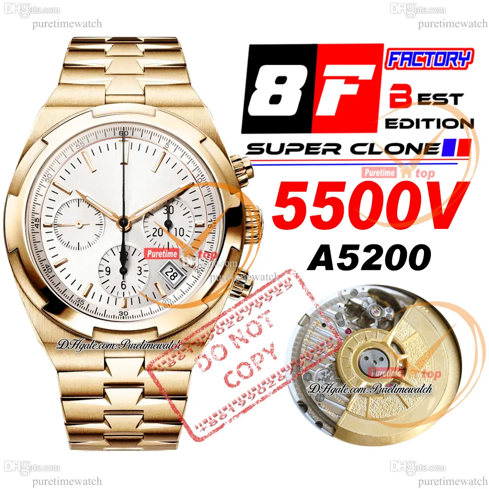 8F Overseas 5500V A5200 Cronógrafo Automático Relógio Masculino 42,5mm Rosa Ouro Prata Dial Pulseira de Aço Inoxidável Relógios Super Edition Puretimewatch Reloj Hombre