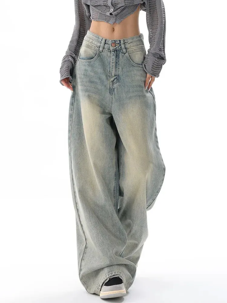 Houzhou Retro Pristressed Blue Baggy Jeans Women Y2K Grunge Roose Wide Leg Pants KPOP HARAJUKU特大ズボン女性240219