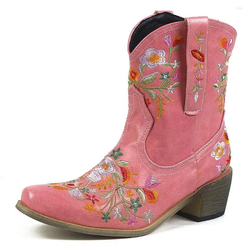 Stivali Western Cowboy Cucito Floreale Alla Caviglia Per Le Donne 2024 Embriodery Slip On Classico Vintage Cowgirl Scarpe Da Donna Stivaletti