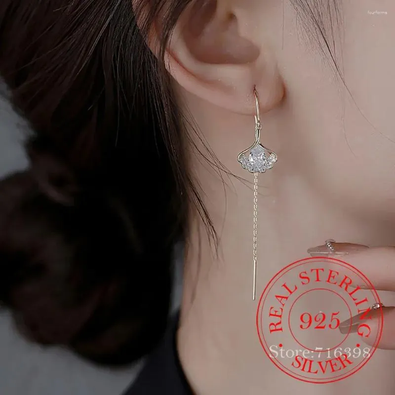 Dingle örhängen 925 Sterling Silver Long Tassel Crystal Biloba Drop For Women Piercing Smycken Kvinnor örhänge Wedding Party Pendient