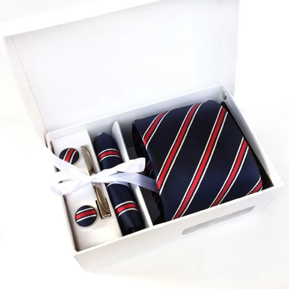 Nova marca de moda listrado masculino pescoço gravatas clipe hanky abotoaduras conjuntos caixa formal wear negócios casamento festa gravata para homens k02288l