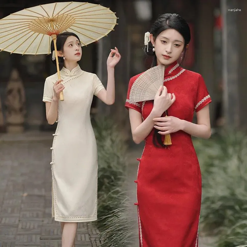 Ethnic Clothing Spring Vintage Chinese Style Temperament Qipao Young Girl Short Sleeve Jacquard Satin Cheongsam Dress