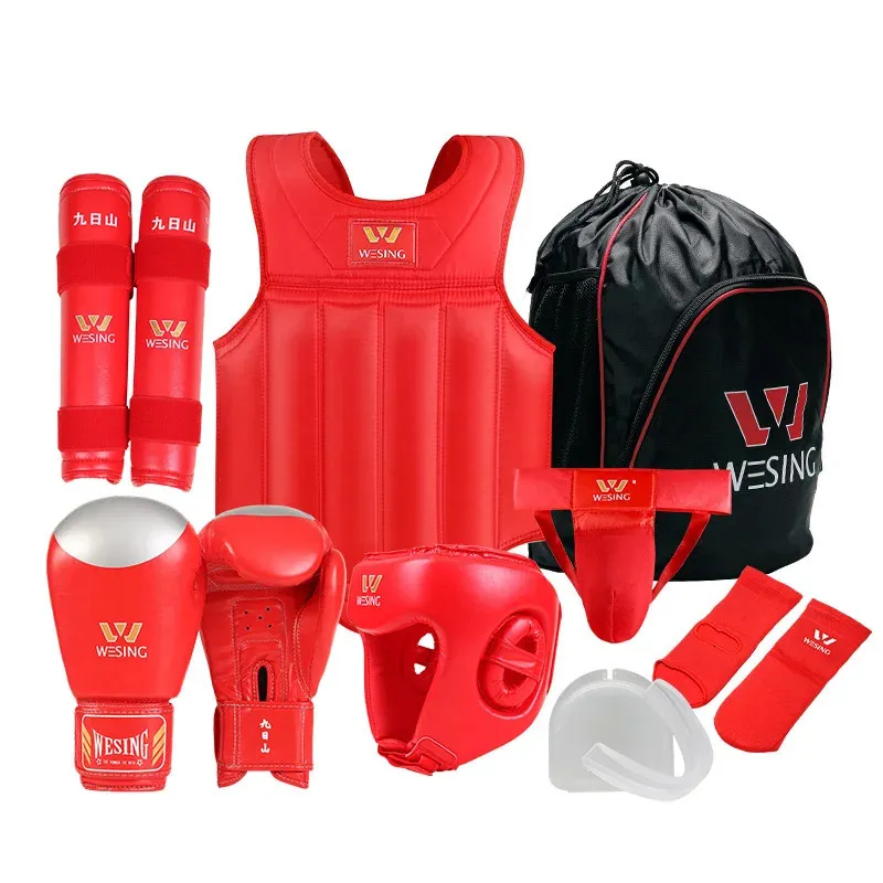 Wesing 8 pièces ensemble équipement d'arts martiaux gants de boxe casque protège-tibia Wushu Sanda protecteurs équipements de compétition EO 240226