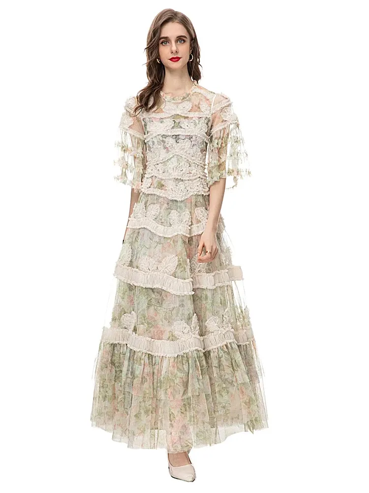 Vrouwelijke extravagante catwalk hoge kwaliteit lente mode feest mesh bedrukt casual bohemien slanke mooie lange jurken voor dames