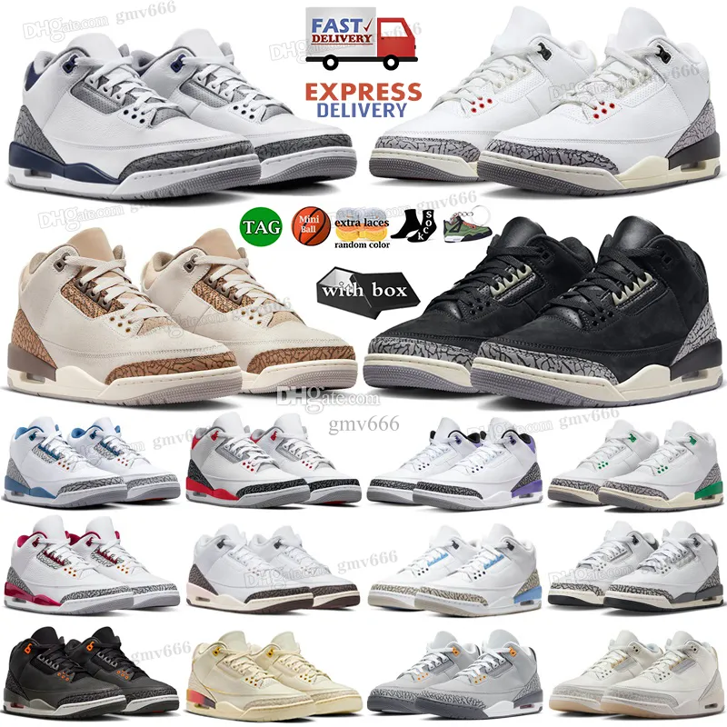 Box Jumpman 3 Basketball Shoes 남자 여자 3S 화이트 시멘트 재사용 된 자정 해군 팔로미노 두려움 메 델린 일몰 불 레드 마법사 트레이너 스포츠 운동화