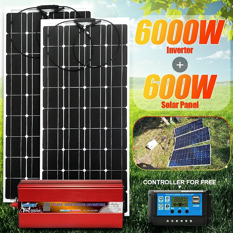 Solar Solar Panel 6000W Pure Sine Wave Inverter 24V 12V to 220V 50Hz Voltage Transformer Power Converter Solar Power Energy System Kit