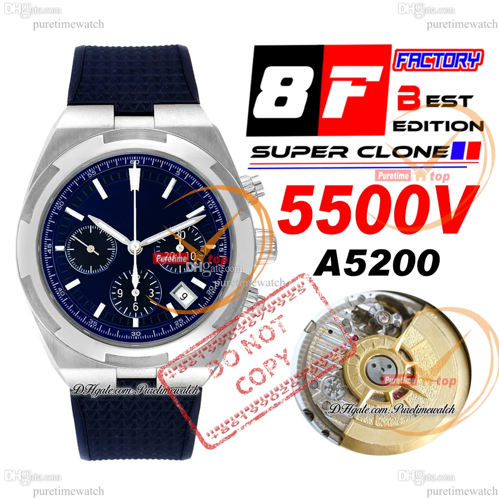 8F Overseas 5500V A5200 Cronógrafo Automático Relógio Masculino 42,5mm Caixa de Aço Azul Stick Dial Pulseira de Borracha Super Edition Relógios Puretimewatch Reloj Hombre