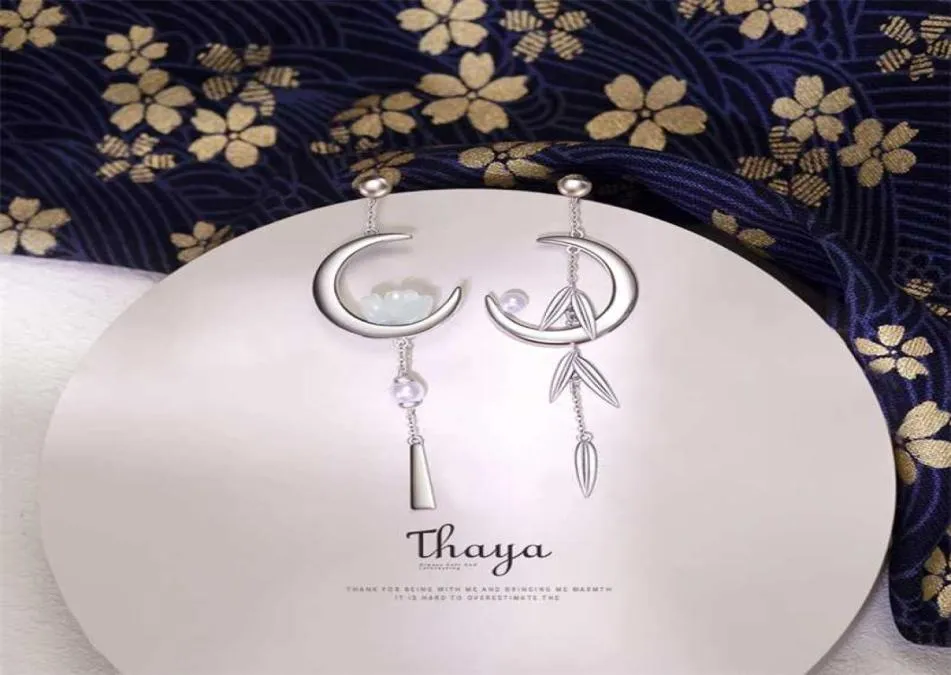 Thaya 925 orecchini in argento sterling ciondola mezzaluna foglie di bambù stile giapponese per le donne gioielleria raffinata 2201086098328