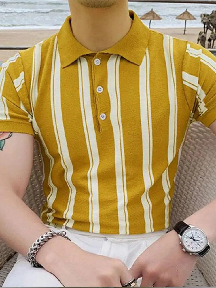 Mens Polos Slim Fit 스트라이프 니트 스웨터 - 비즈니스 폴로 셔츠를위한 Collared Short Sleeve 티셔츠