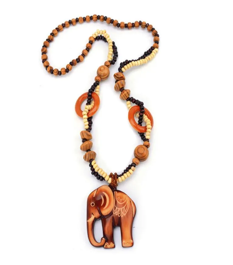 Bijoux ethniques Boho longs faits à la main, pendentif éléphant en bois, Maxi collier pour femmes, chaîne à corde entière, tendance 7418368, nouvelle collection 2020