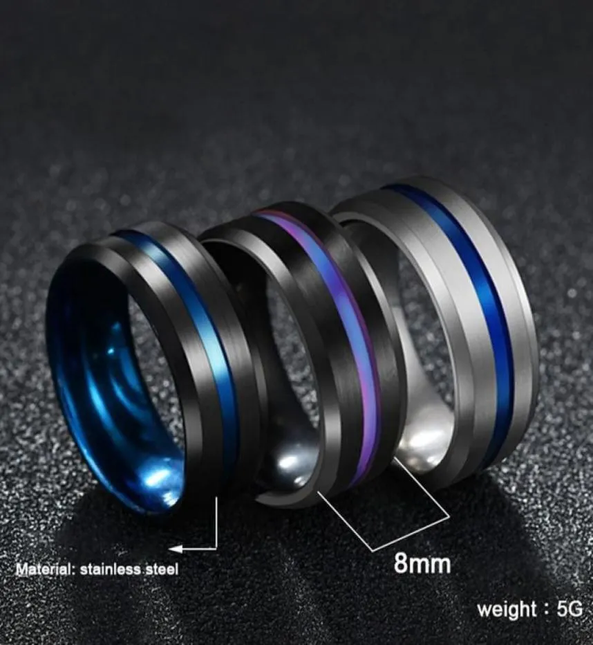 Anneaux de mariage Bague en titane multicolore mode simple 8MM noir argent couleur acier rainure brossé inoxydable hommes femmes bijoux cadeau 2408758