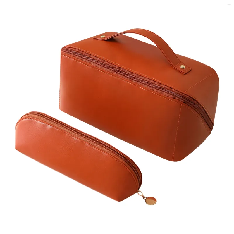 Cosmetic Bags 2pcs Carry Handle Makeup Bag With Zipper Portable Key Gifts Waterproof Multifunctional Brown PU Leather Travel Toiletry