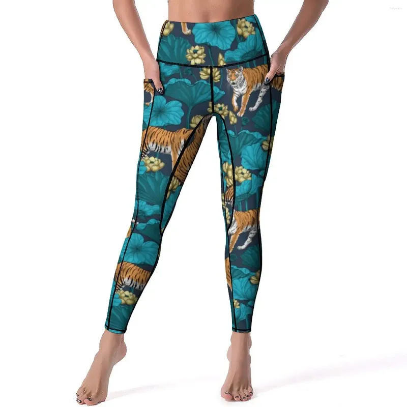 Active Pants Yellow Tiger Yoga Lotus Pond Leaf Print Gym Leggings High Waist Elastic Sport Retro Custom Legging Gift