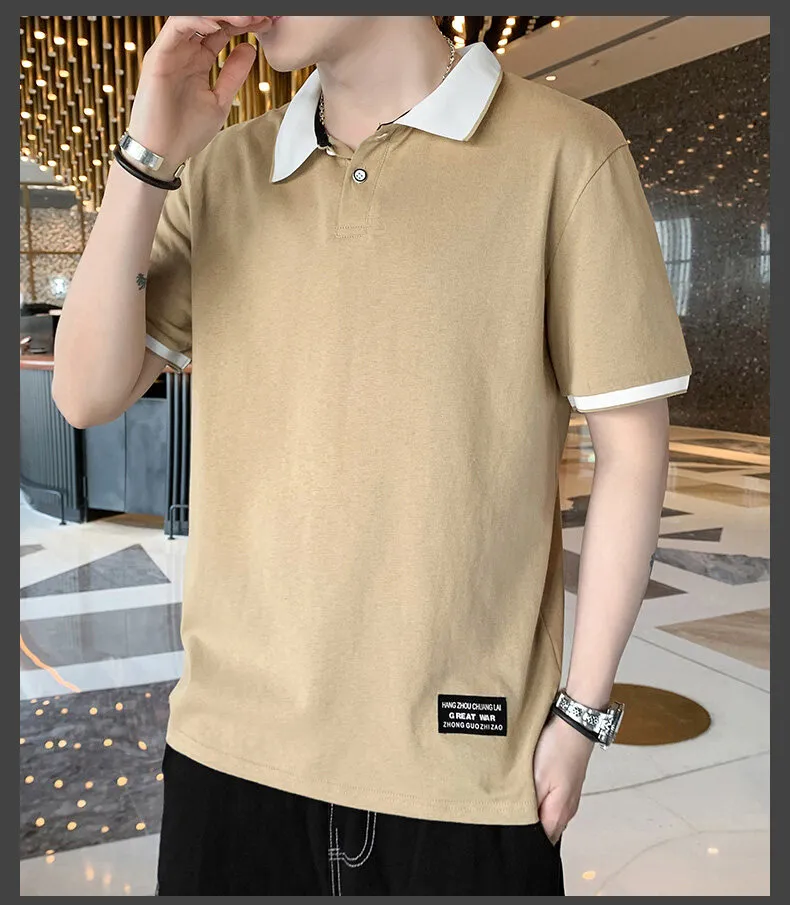 Camiseta masculina de manga curta de verão 100% algodão, camisa polo elegante e casual com gola alta para estudantes, rapazes da moda e roupas de lazer