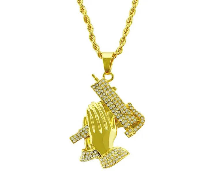 HIP Hop Iced Out Bling Voller Strass Betende Hände Männer Anhänger Halsketten Gold Farbe Große Gebet Jesus Halskette Schmuck4330971