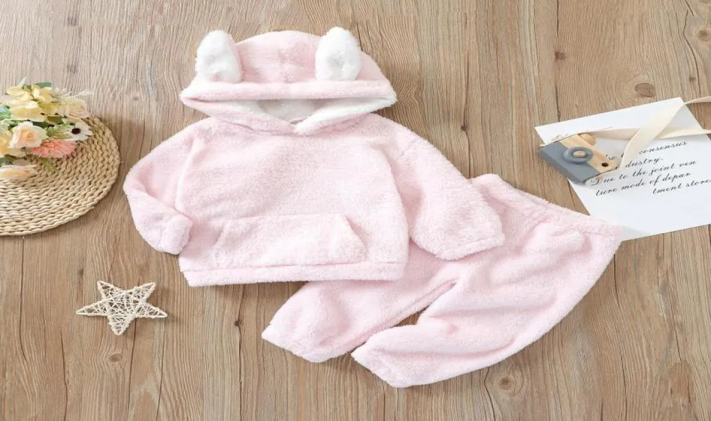 Ensembles de vêtements Bambins filles deux pièces en peluche ensemble de vêtements rose couleur unie à manches longues à capuche et pantalon baby039s Aut6316933