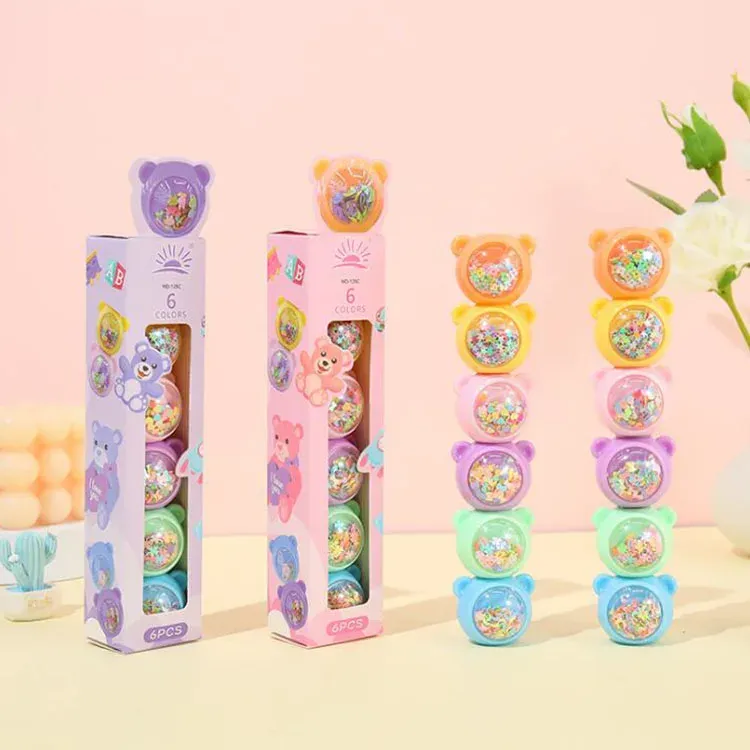 Pens 12 box/lot Kawaii Sequins Bear Blocks Highlighter Set Cute Mini Drawing Painting Marker Pen School Supplies Stationery wholesale