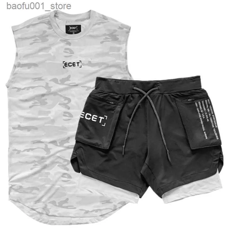 Men's Tracksuits 2-piece/set sports set mens running shirt/tank top+sports shorts jogging mens sportswear football running fitness gym set Q240228