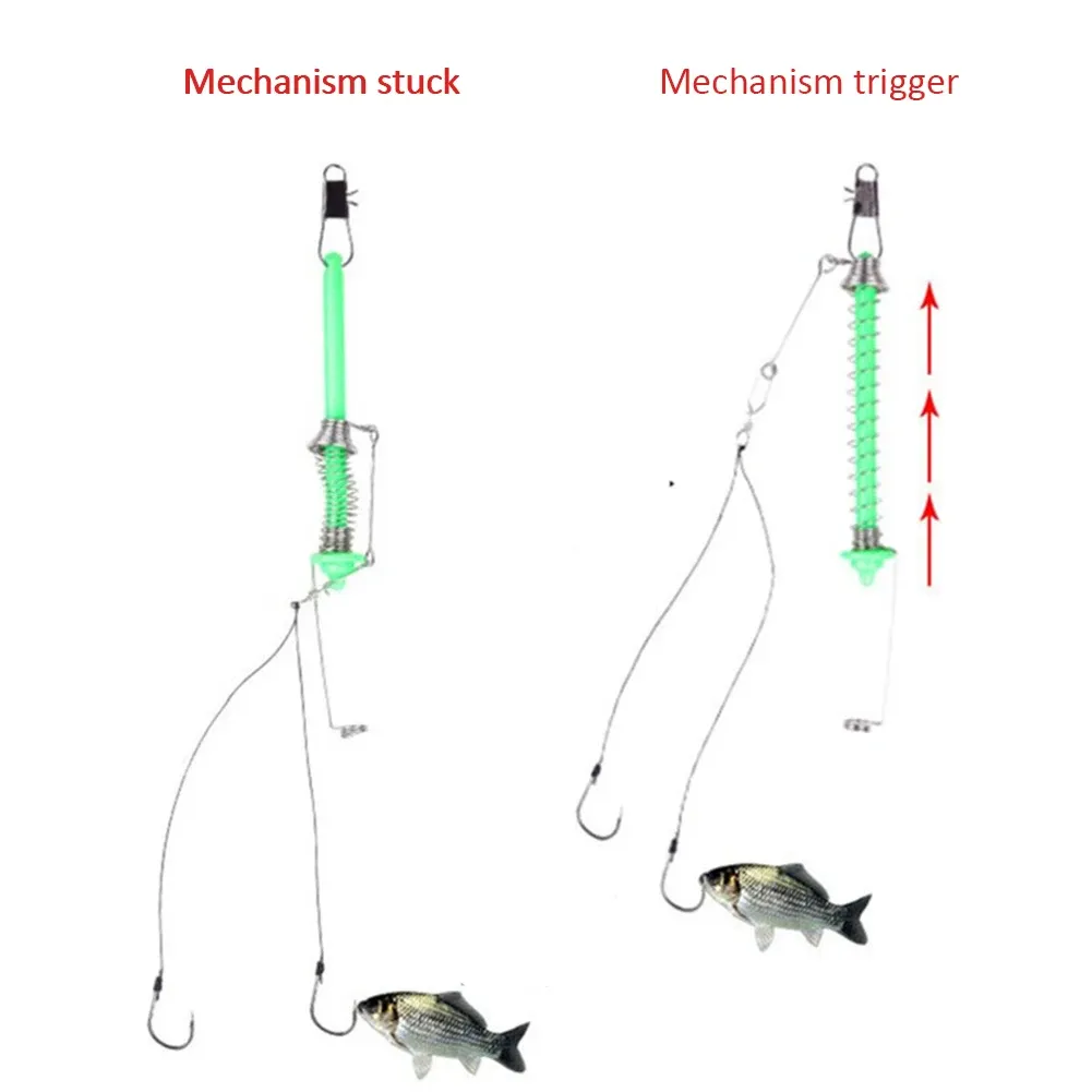 Gereedschap Automatische vishaak trigger roestvrijstalen veer vishook aas vangst uitwerpselen katapult jigging kop vissen lokken tackle goederen