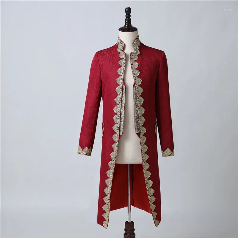 Stadiumkleding Heren Vintage Wijnrood Geborduurd Jacquard Blazer Avondfeest Zanger Britse stijl Hof Lange CoatHost Show-kostuum