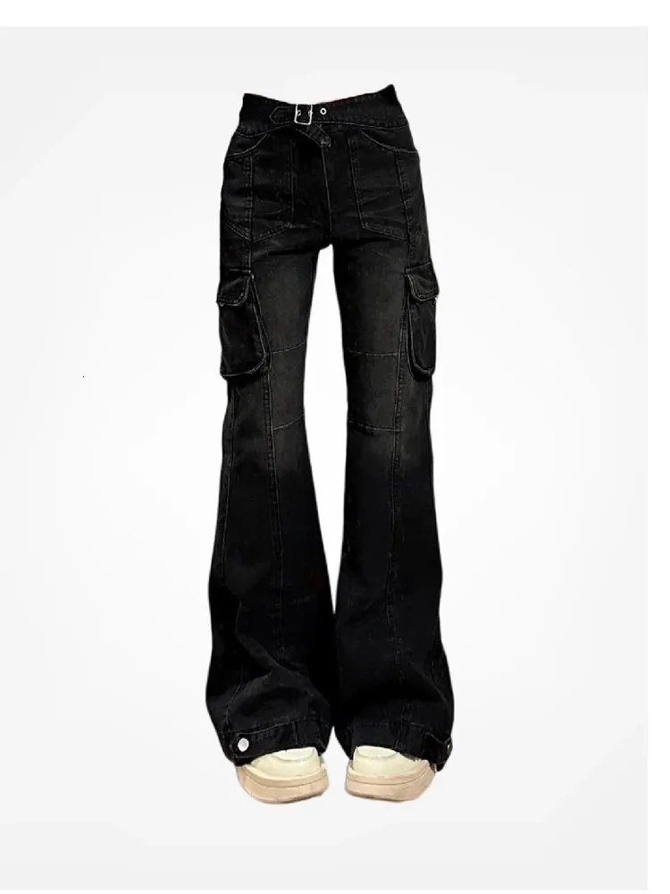 High Street Office Lady Black Flare Jeans Slim Bell Bottoms Gyaru Fashion Denim byxor flera fickor 2000 -talet American Retro240228