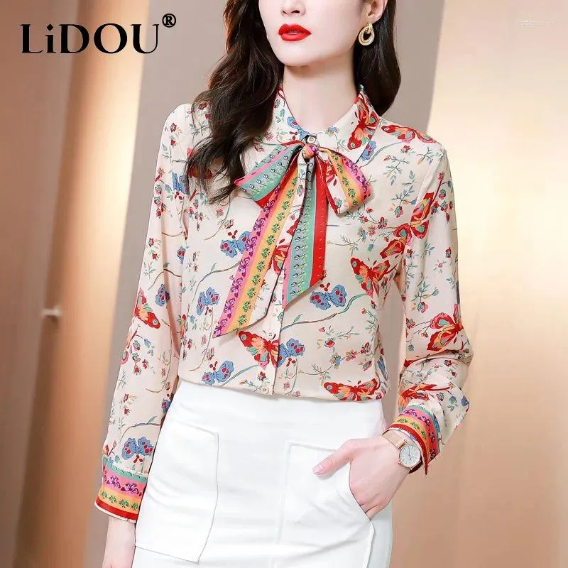 Blouses Femmes 2024 Printemps POLO Col À Manches Longues En Mousseline De Soie Chemise Femmes Floral Impression Bow Blouse Femme Mode Simple Boutonnage Cardigan