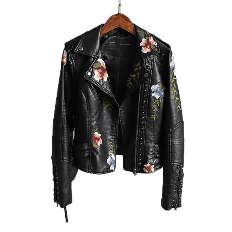 Jackor Kvinnor Floral Print broderi Faux Soft Leather Jackla Coat TurnDown Collar Female Pu Motorcykel svart punk ytterkläder