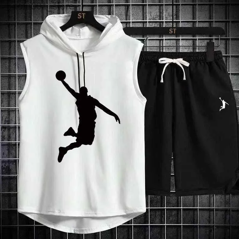 Homens Tracksuits Novo Verão Mens Muscle Hoodie Tank Top Sem Mangas Fitness Sports Shirt Alta Qualidade Tank Top Hip Hop Sports Shirt Q240228