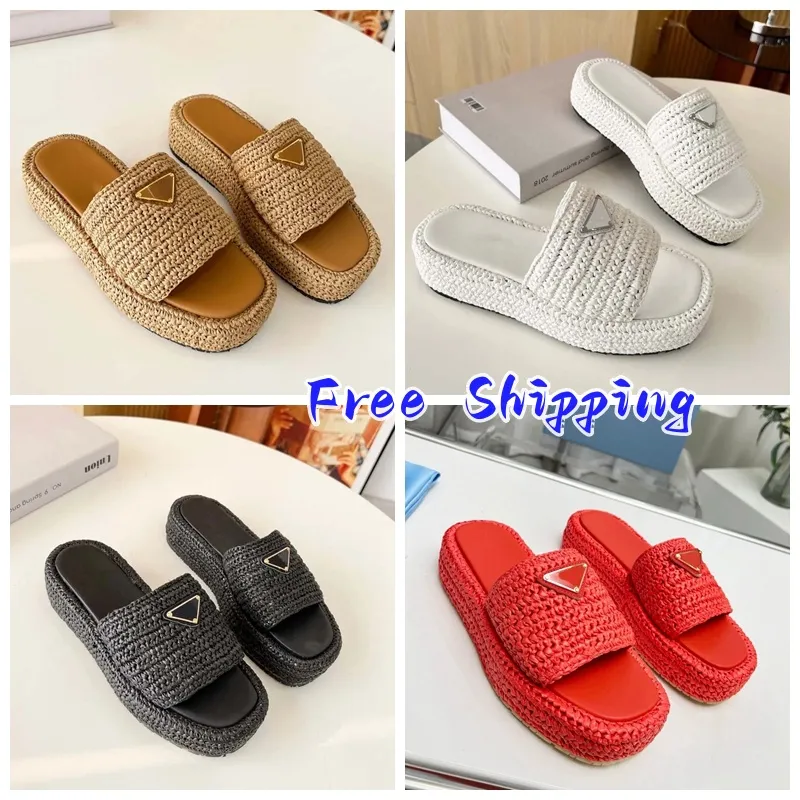 Gratis fraktdesigner Straw Weave Sandal Shoe Man White Raffias Sandale Triangle Slipper Buckle Slides toffles Womens Summer Platform virkning