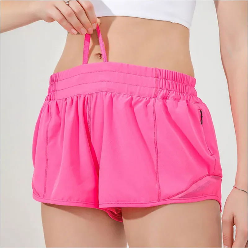 L Hot Low Rise Shorts Breathable Quick-Dry Yoga Shorts Built-in Lined Sports Short Hidden Zipper Side Drop-in Pockets Running Sweatpants with Continuous Drawcord