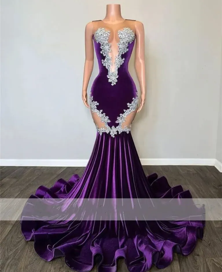 Elegant Purple Mermaid Prom Dress 2024 Velvet Sheer Mesh Beaded Formal Graduation Party Evening Gowns Robe De Bal