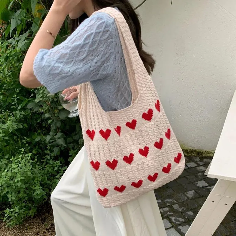 Evening Bags Women Knit Love Tote Bag Color Blocking Lightweight Handbag Large Capacity Crochet Satchel Top Handle Commuting