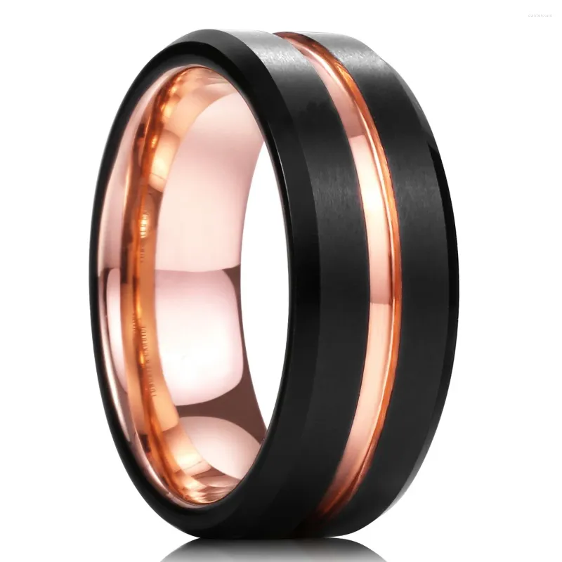 Wedding Rings Fashion Men Rose Gold Color Stainless Steel Black Brushed Beveled Edge Engagement Promise For Jewelry