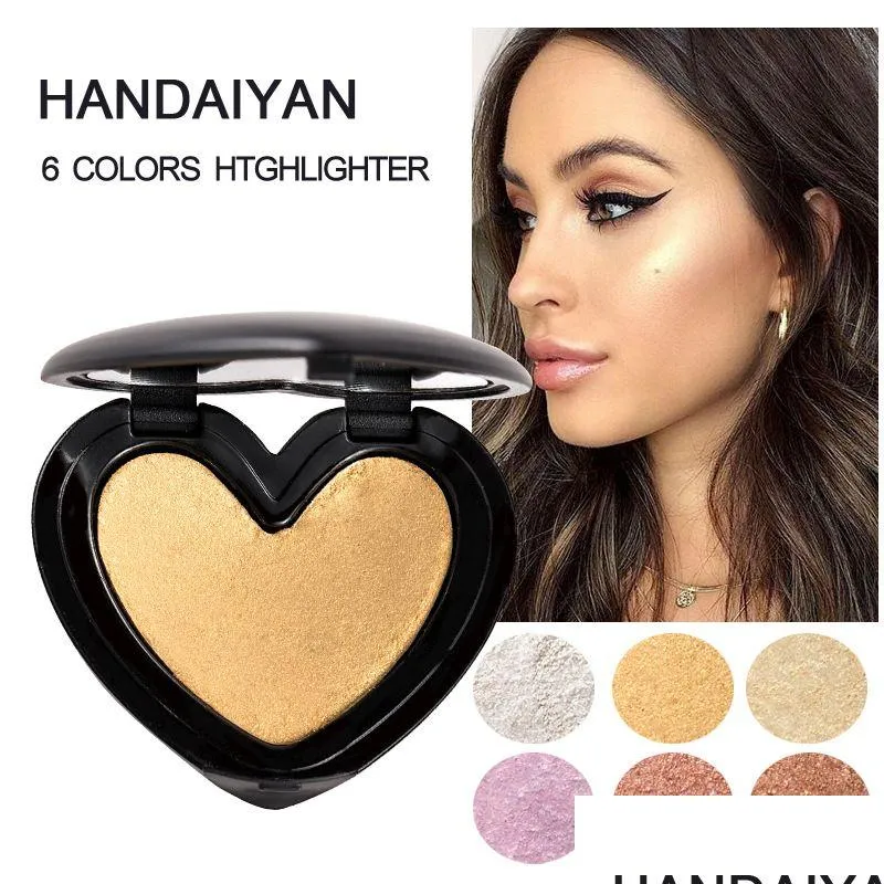 Surligneurs bronzants Handaiyan Shimmer Highlighter Powder Baking Love Surligneurs pour le visage en forme de coeur de marque Finition compacte Whit Dh0Xe