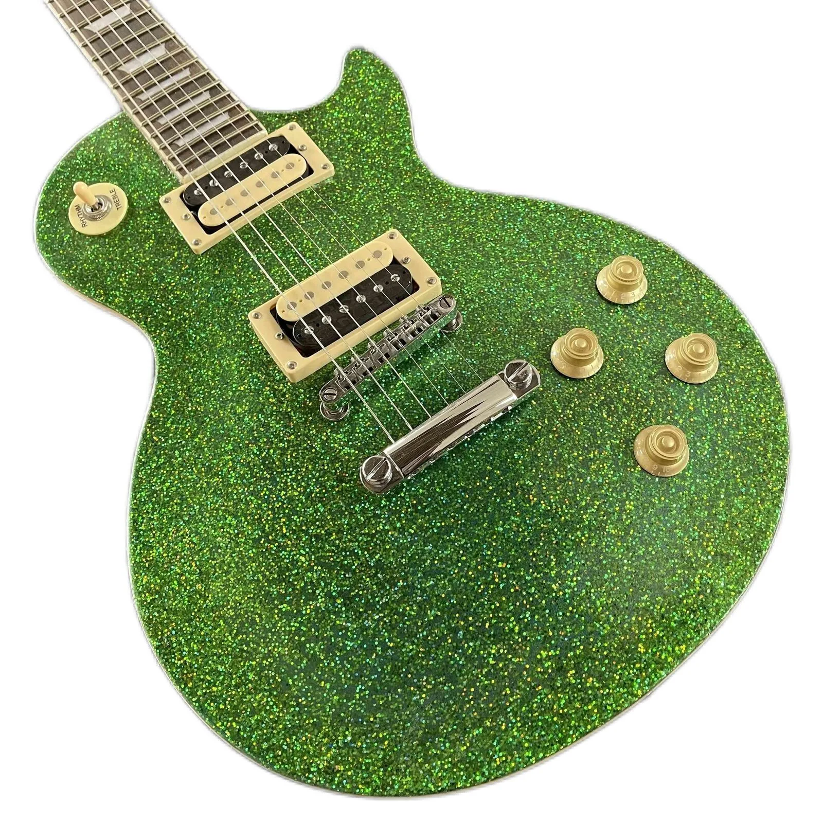 Grande guitare électrique vert or brillant, pick-up zèbre pêche, matériel chromé