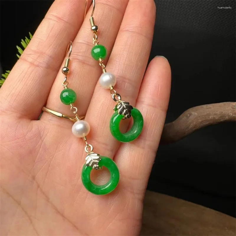Dangle Earrings Charm Green Jade Tassel Drop Pearl 14K Gold Chinese Ancient Style Stone For Women Gift Jewelry