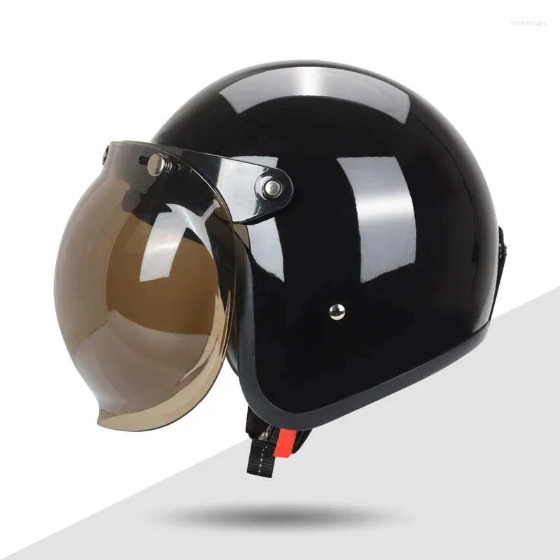 Motorradhelme KEAZ glänzend schwarzer 3/4-Helm mit offenem Gesicht und Blasenvisier, DOT-geprüft, Retro für Männer und Frauen
