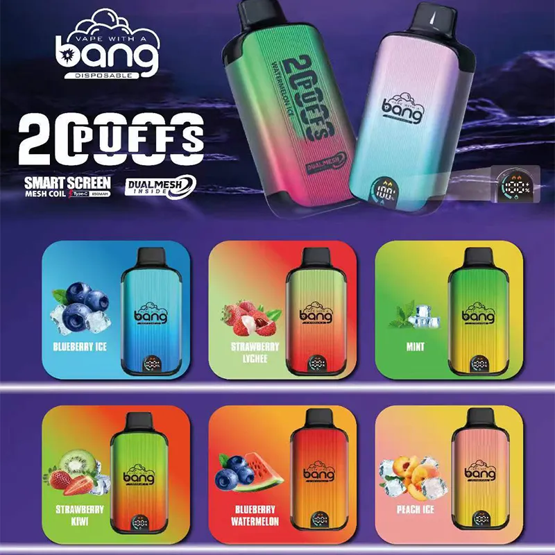 Bang 20000 bouffées E Kit de cigarettes 20K Puffs jetables Vape Pen Mesh Bobine rechargeable 650mAh Batterie Vapers 0% 2% 3% 5% 16 couleurs Vaporisateurs DUAL MESH