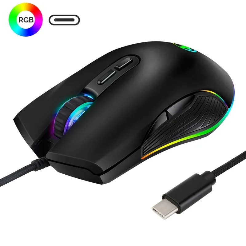 Möss 3200DPI Typ C Wired Mouse Optical Gaming USB C Mouse RGB LED Backlight för MacBook Chromebook MateBook X Laptop Notebook