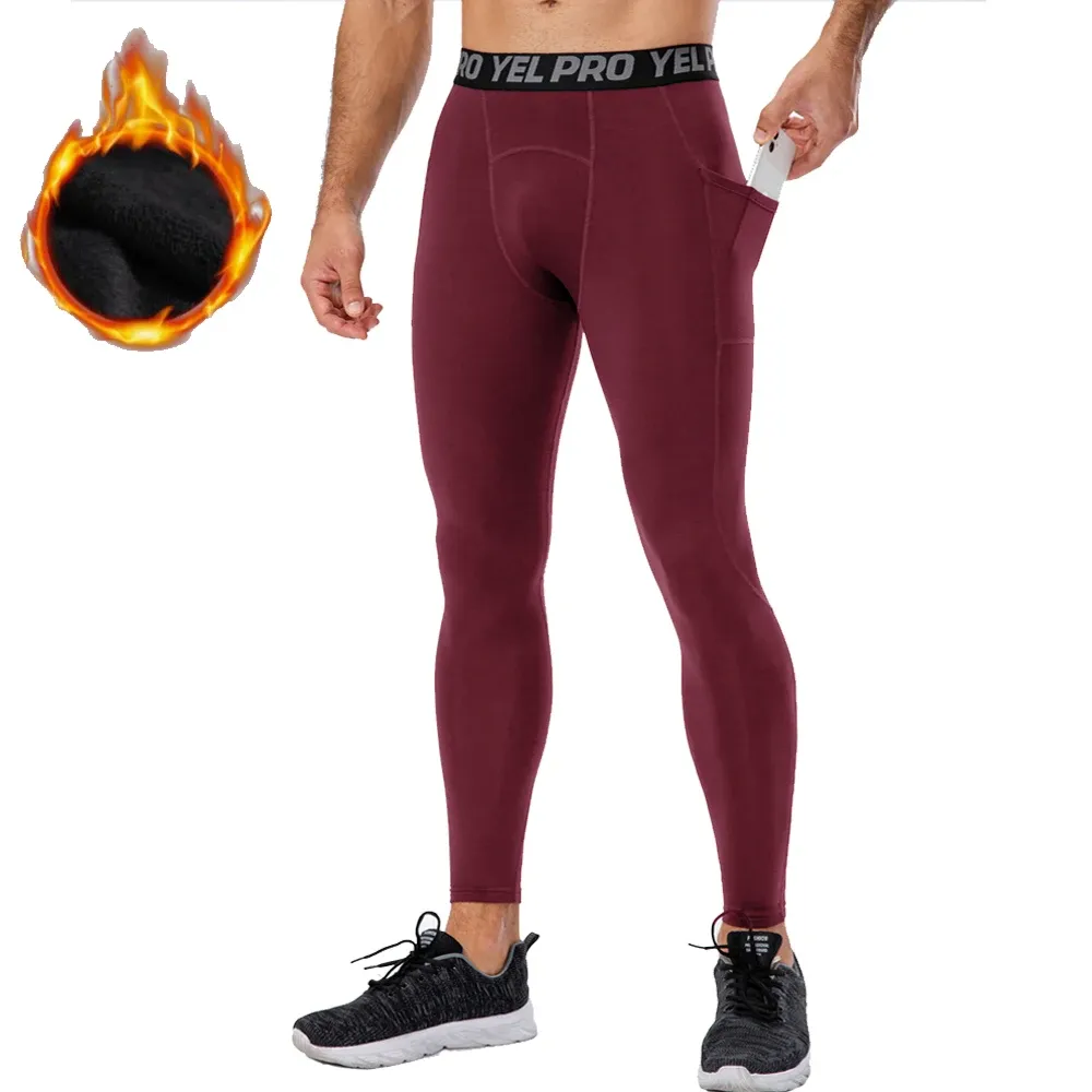 Pants Sports Running Tights Men Winter Compression Pants Fitness Leggings snabba torra byxor med Pocket Warm Untrewear Gym Long Johns